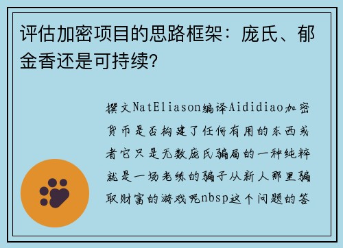 评估加密项目的思路框架：庞氏、郁金香还是可持续？